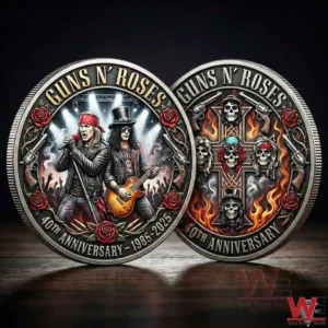 Commemorative Guns N Roses anniversary coin with rock band performance and skull cross design!
