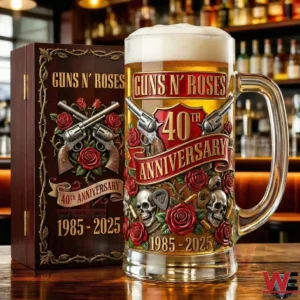 Glass beer mug celebrating Guns N Roses fortieth anniversary with rock themed artwork and dates 1985 2025!