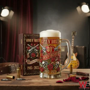 Guns N' Roses 40th Anniversary Collector’s Glass Mug 3 Guns N Roses fortieth anniversary glass mug displayed on a music stage themed table!
