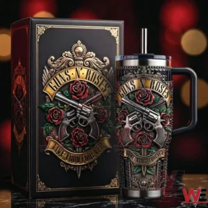 Guns N Roses Live Loud Forever tumbler and matching box with revolvers and red roses design.