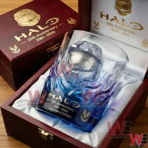 Halo themed whiskey glass with helmet design in a wooden display box!