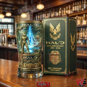 Halo commemorative pint glass with armored soldier artwork and collector box on a wooden bar!