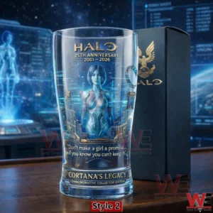 Halo Cortana themed anniversary pint glass with futuristic blue digital design!