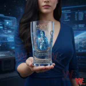 Woman holding Halo Cortana legacy pint glass in a futuristic setting!