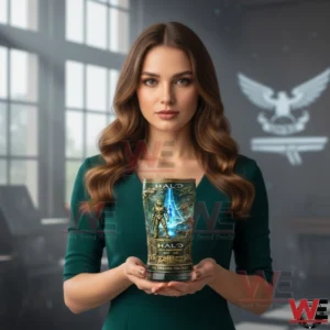 Woman holding Halo Master Chief anniversary pint glass in an elegant room!