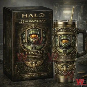 Halo anniversary commemorative tumbler with Master Chief helmet design and collector box!
