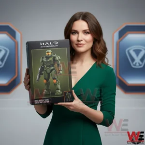 Woman holding a boxed green armored sci fi brick display model!