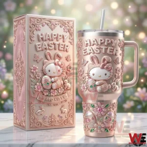 Pink Easter tumbler with bunny cat design floral patterns and decorative box!