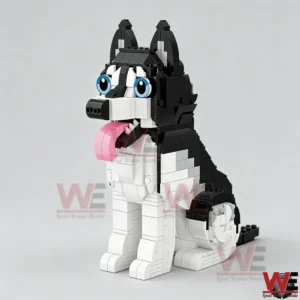 Brick built husky dog toy with black and white body and blue eyes!