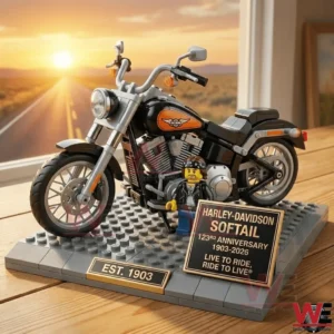 Building brick Harley Davidson Softail model on a display base with a biker figure and anniversary plaque!