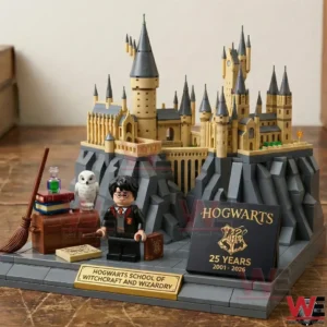 Wizard castle building bricks display with a wizard figure and accessories!