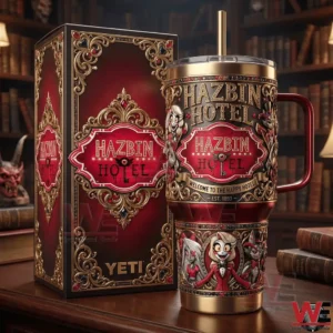 Hazbin Hotel Yeti tumbler with red and gold vintage design next to decorative box!