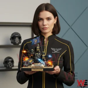 A woman in a Super Earth uniform holding a Helldivers victory building brick battle display!