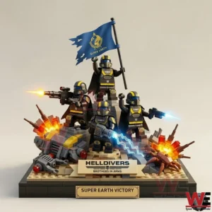 Helldivers soldiers in armor standing on a battle base with Super Earth victory plaque!
