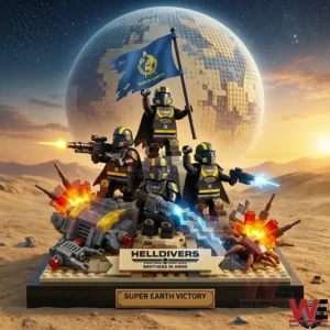 Helldivers brick soldiers raising a flag on an alien planet with a large world in the sky!