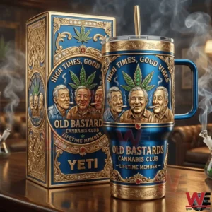 Blue and gold vintage cannabis themed tumbler with ornate box on wooden table.