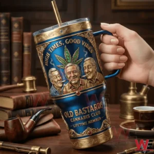 Hand holding blue vintage cannabis club tumbler with ornate gold details.