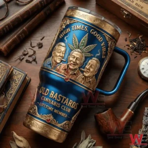 Vintage style blue cannabis club tumbler on wooden desk with books and pipe.