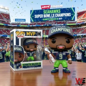 Seattle Seahawks Super Bowl LX Champions Kenneth Walker III MVP figure holding trophy on stadium field!