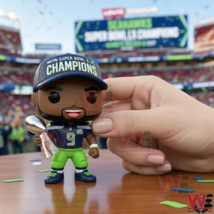 Hand holding Seattle Seahawks Super Bowl LX Champions Kenneth Walker III MVP figure in stadium!