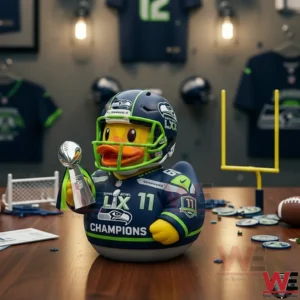 Football themed rubber duck holding a trophy on a table in a locker room!