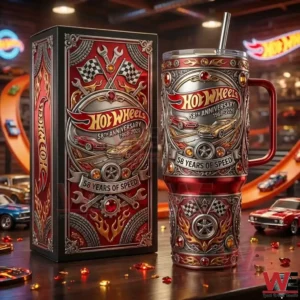 Hot Wheels anniversary tumbler with decorative racing gift box on display!