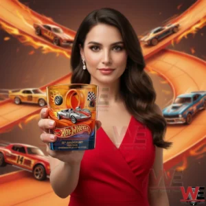 Woman holding a Hot Wheels anniversary whiskey glass with racing cars in the background!