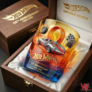 Hot Wheels anniversary whiskey glass inside a wooden presentation box!