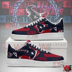 Red and navy Houston Texans themed sneakers with white sole displayed on a box.
