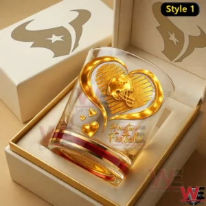 Gold Houston football whiskey glass with heart and helmet design in gift box!