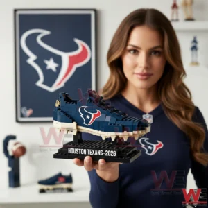 Building block football shoe inspired by the Houston Texans held by a model!