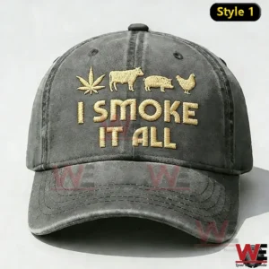 Gray cap with gold embroidery reading I SMOKE IT ALL and farm animal icons!