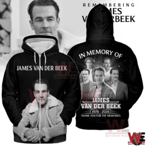 Black memorial hoodie with James Van Der Beek portrait on front and tribute collage on back!