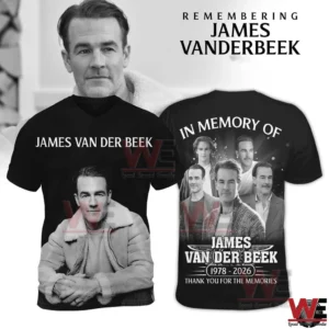 Black memorial t shirt with James Van Der Beek portrait and remembrance tribute on back!