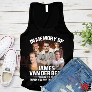 Black memorial tank top with James Van Der Beek portraits and tribute design!