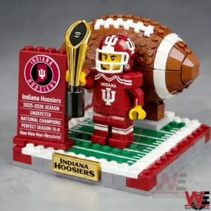 Brick built Indiana Hoosiers football player holding championship trophy beside season achievement board!