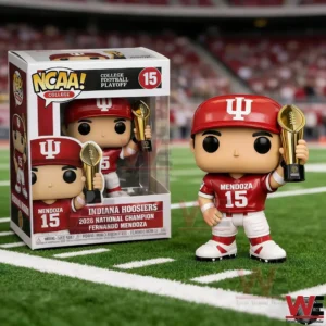 Indiana Hoosiers football player figure holding a gold championship trophy on a football field!