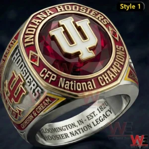 Indiana Hoosiers championship ring with red gemstone and large IU logo on top.