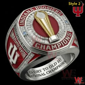 Indiana Hoosiers championship ring with gold trophy design and red accents.
