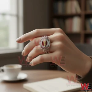Person wearing Indiana Hoosiers championship ring near window with soft light.