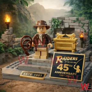 Building block adventure hero figure next to a golden ark in a jungle temple display!