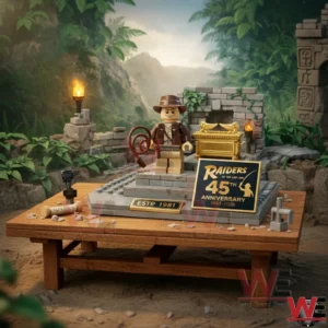 Wide view of an adventure themed building block temple display on a wooden table in a jungle setting!