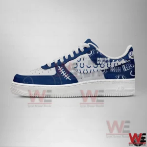 Side view of blue and white Colts themed sneakers with bold team graphics!