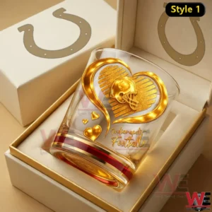 Indianapolis Colts themed whiskey glass with gold heart and football helmet design in a gift box!