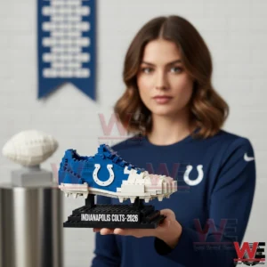 A building block football shoe inspired by the Indianapolis Colts displayed on a stand!
