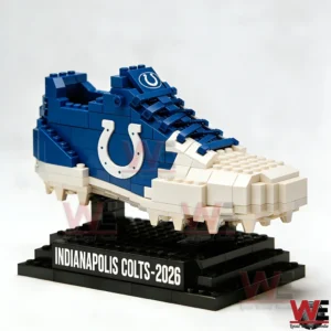 Close up of a building block football shoe inspired by the Indianapolis Colts on a display base!