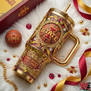 Luxury Iowa State Cyclones tumbler with gold detailing and red basketball emblem!