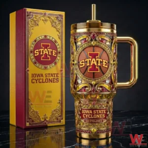 Iowa State Cyclones Go Cyclones 40oz Tumbler With Handle 3 Iowa State Cyclones tumbler with matching decorative gift box in gold and red!