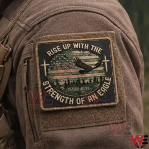 Isaiah 4031 embroidered hook & loop patch 3 Isaiah 40 31 eagle patch attached to tactical jacket sleeve.
