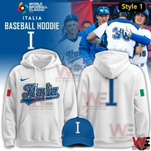 White Italia baseball hoodie with front script logo and large I on back for World Baseball Classic 2026!
